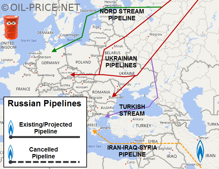 Map of Russian gas pipelines into Europe Map of Russian gas pipelines into Europe